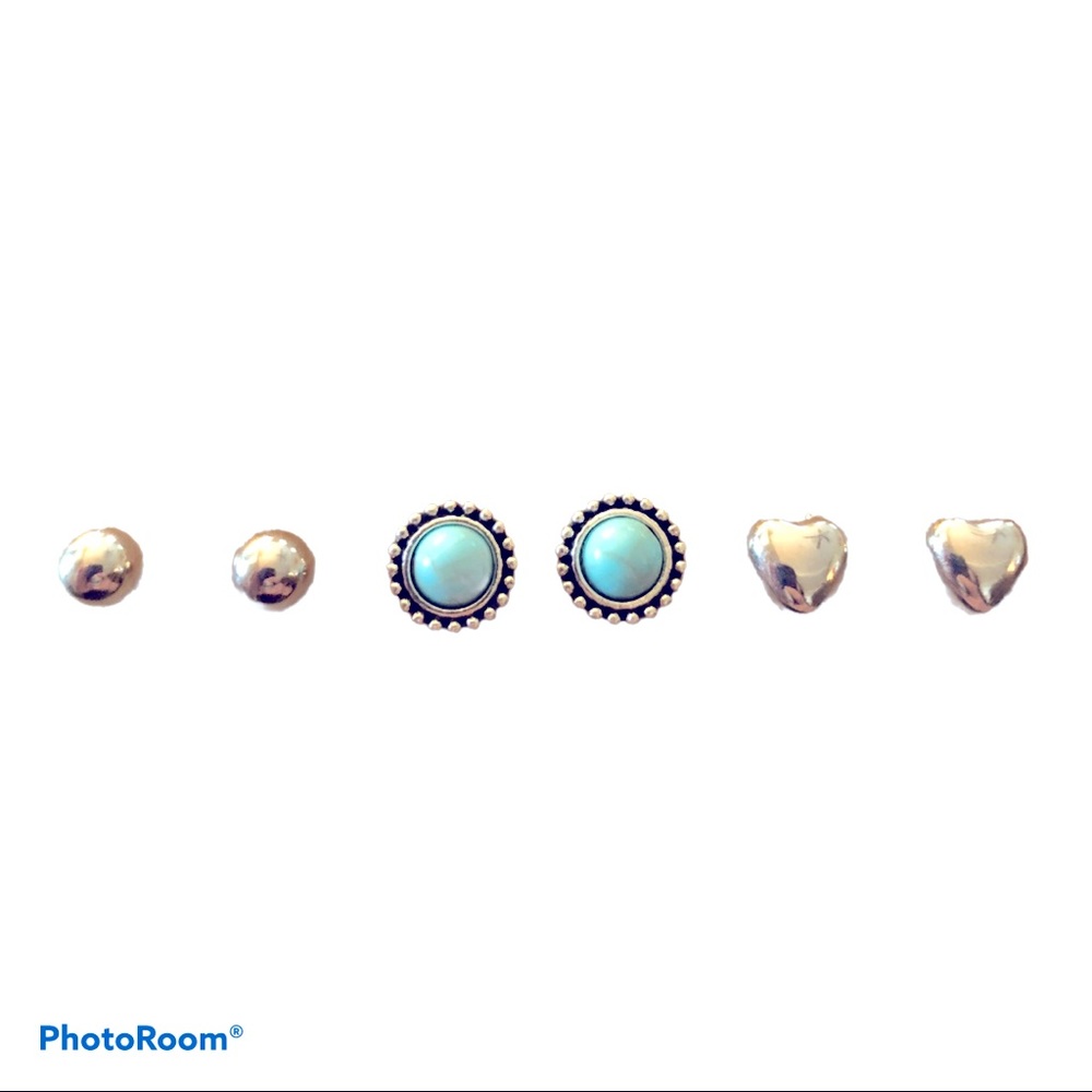 New! Bundle 3 Boho Desert Revival Studs Ball Heart Turquoise‎